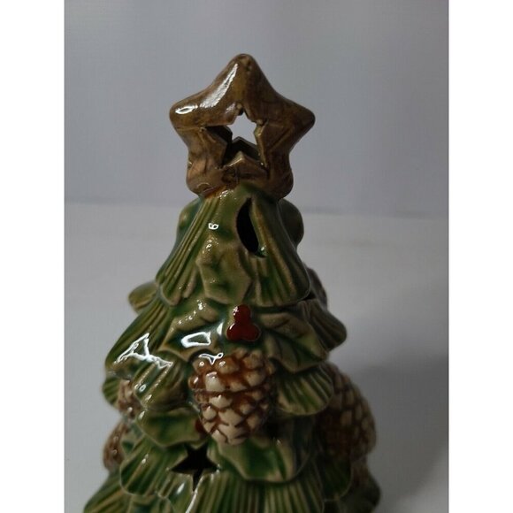 Vintage Porcelain Green Christmas Tree Tee Light Candle Holder Holiday Decor - Picture 2 of 6